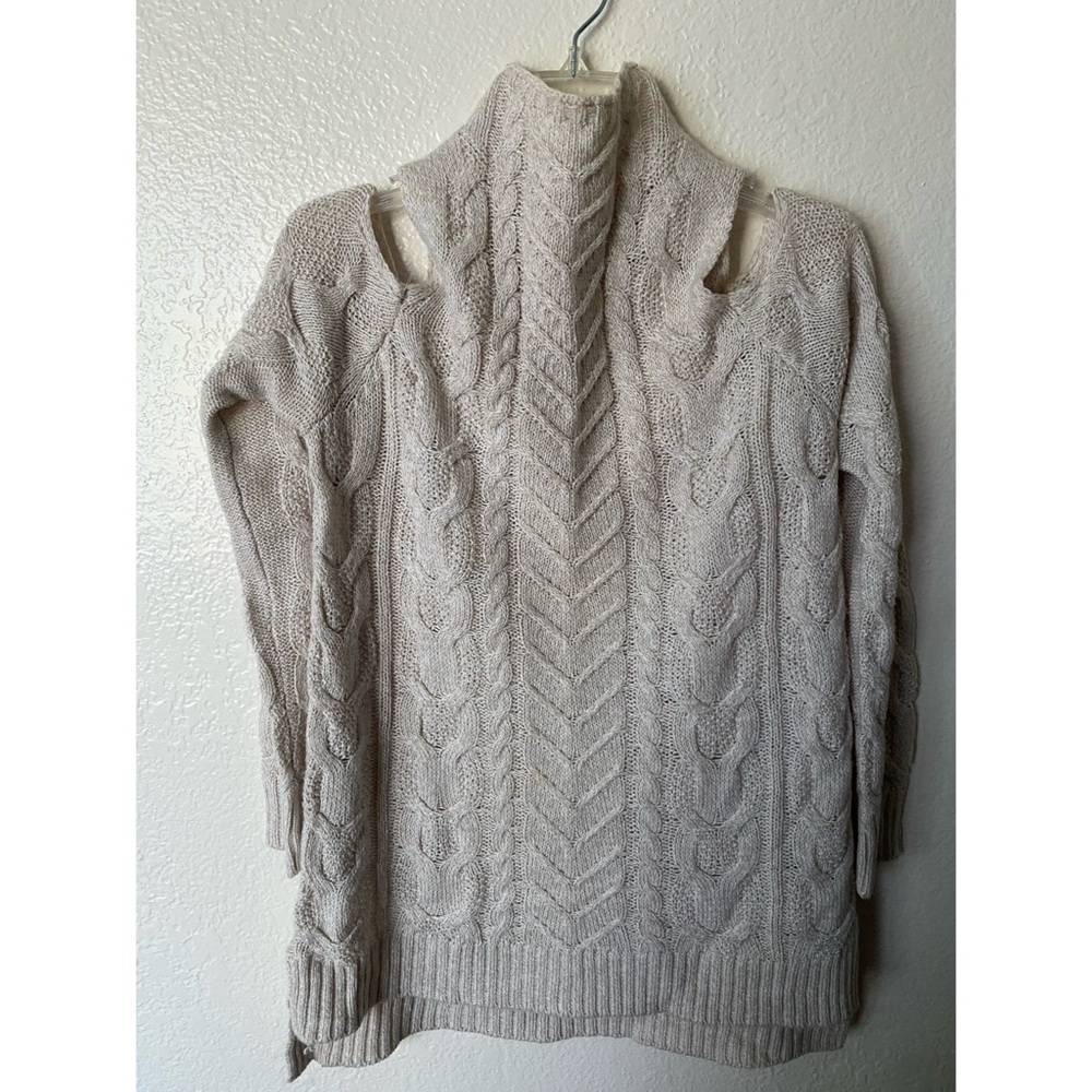 New York & Company cold shoulder cowl neck cable sweater